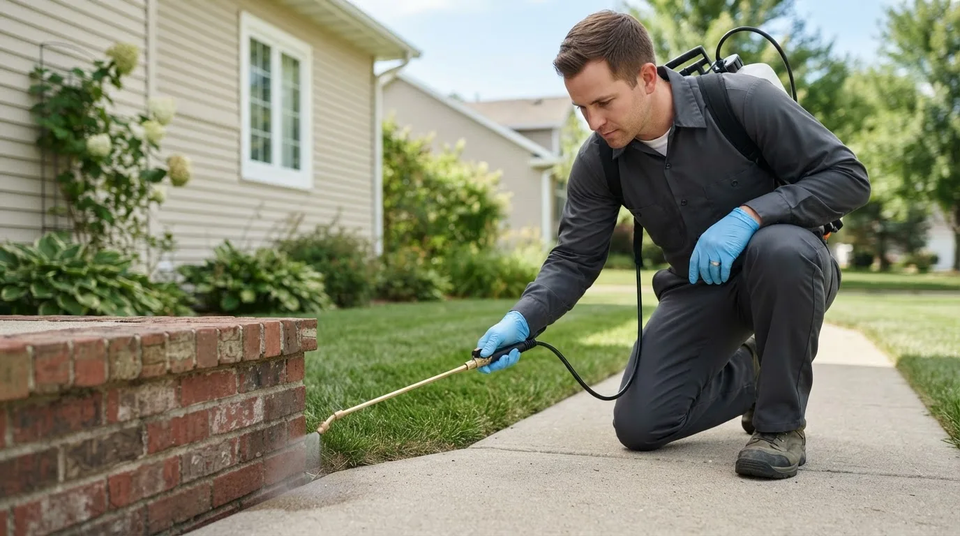 Pest control technician treating a home near Windom, TX